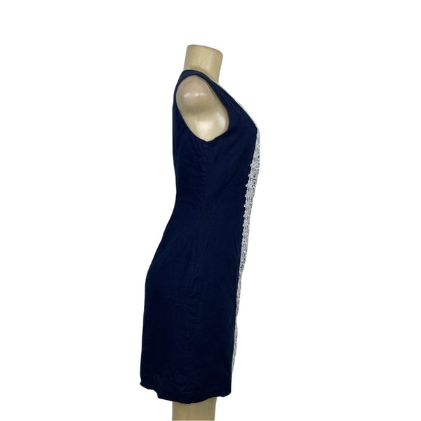 Carole Little Navy Sleeveless Linen Dress With White Lace Front Panel Size 4