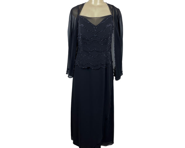 Jade By Jasmine Black Beaded Long 2Pcs Set Evening Dress With Sheer Jacket Sz 16