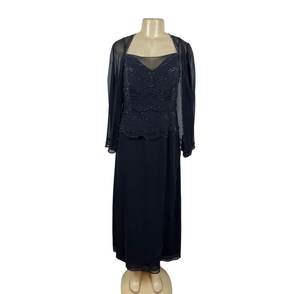 Jade By Jasmine Black Beaded Long 2Pcs Set Evening Dress With Sheer Jacket Sz 16