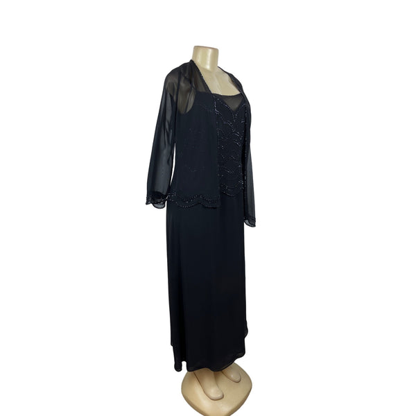Jade By Jasmine Black Beaded Long 2Pcs Set Evening Dress With Sheer Jacket Sz 16