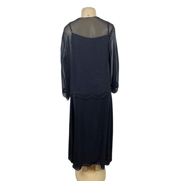 Jade By Jasmine Black Beaded Long 2Pcs Set Evening Dress With Sheer Jacket Sz 16