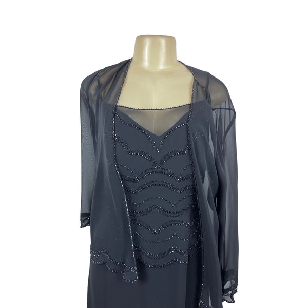 Jade By Jasmine Black Beaded Long 2Pcs Set Evening Dress With Sheer Jacket Sz 16