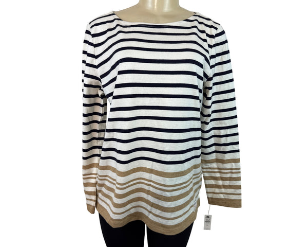 Talbots Women's Petite Long Sleeve Striped Cotton Boatneck Top Navy & Tan PL New