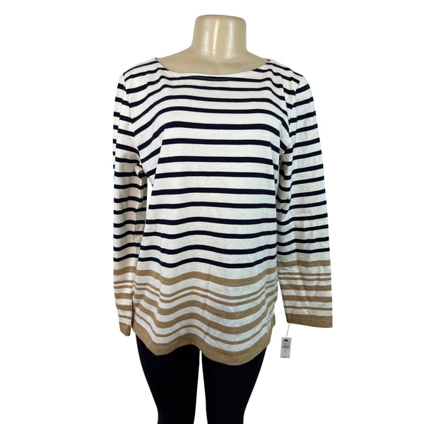 Talbots Women's Petite Long Sleeve Striped Cotton Boatneck Top Navy & Tan PL New