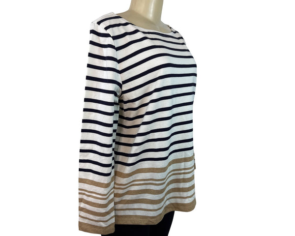 Talbots Women's Petite Long Sleeve Striped Cotton Boatneck Top Navy & Tan PL New