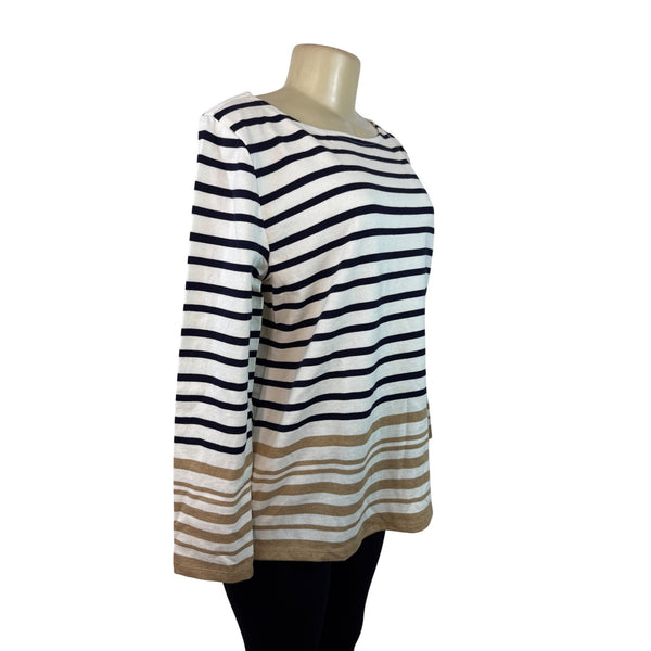 Talbots Women's Petite Long Sleeve Striped Cotton Boatneck Top Navy & Tan PL New