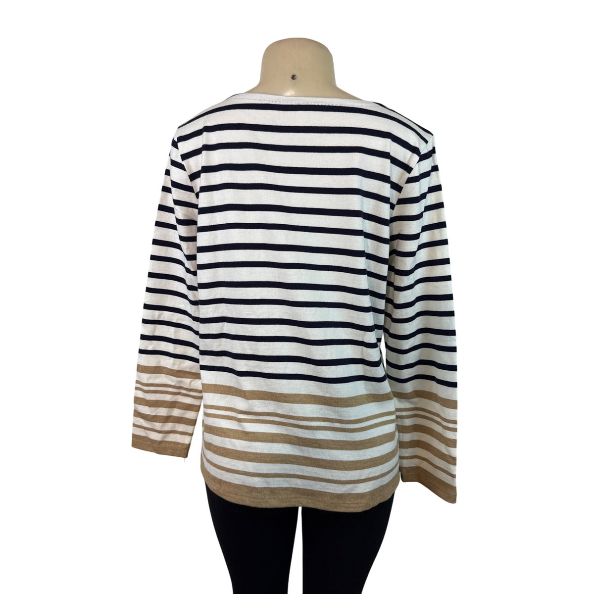 Talbots Women's Petite Long Sleeve Striped Cotton Boatneck Top Navy & Tan PL New