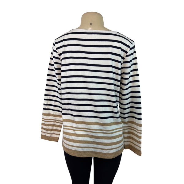 Talbots Women's Petite Long Sleeve Striped Cotton Boatneck Top Navy & Tan PL New