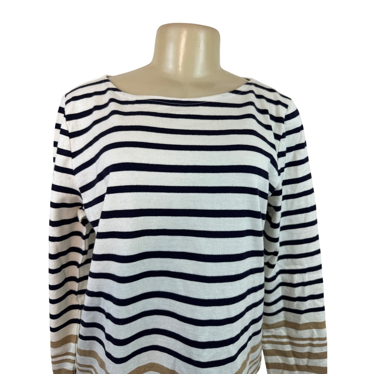Talbots Women's Petite Long Sleeve Striped Cotton Boatneck Top Navy & Tan PL New