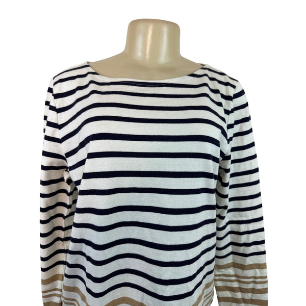 Talbots Women's Petite Long Sleeve Striped Cotton Boatneck Top Navy & Tan PL New