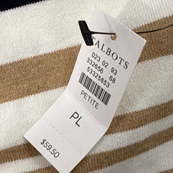 Talbots Women's Petite Long Sleeve Striped Cotton Boatneck Top Navy & Tan PL New