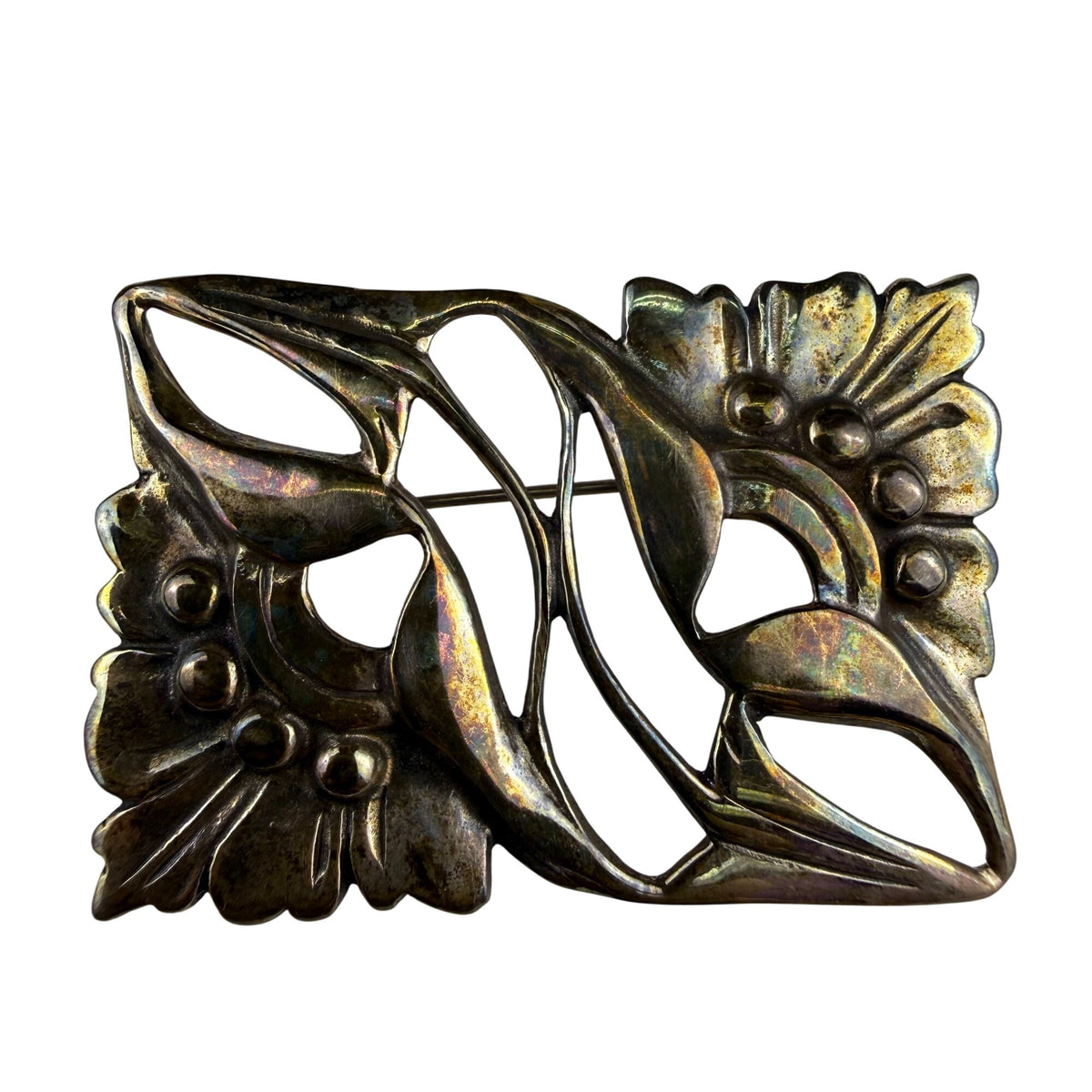 Antique Floral Brass Pin Brooch For Women With Art Nouveau Style & Nature Motif