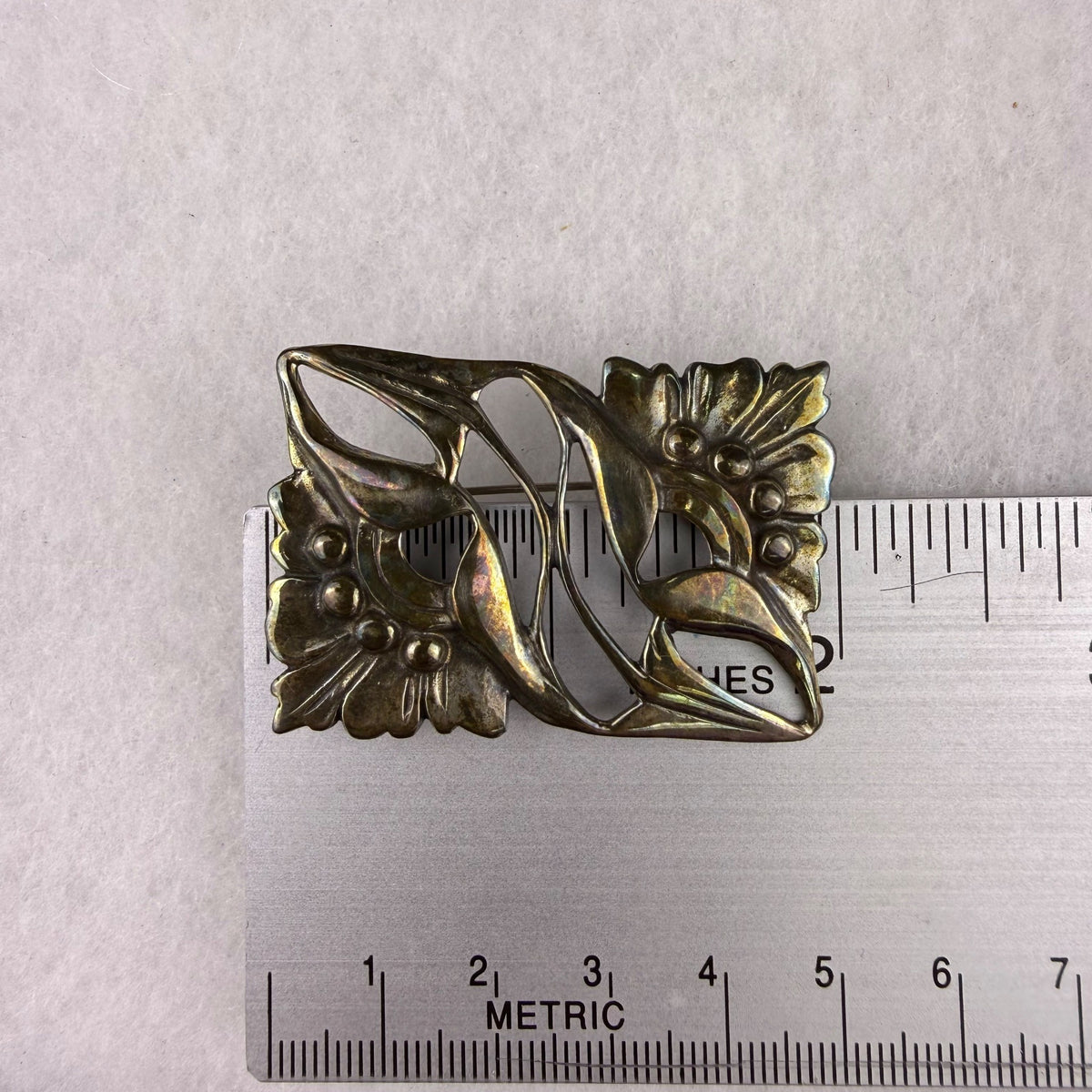 Antique Floral Brass Pin Brooch For Women With Art Nouveau Style & Nature Motif