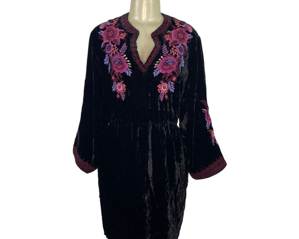 Johnny Was Black Velvet Dress With Pink & Purple Floral Embroidery Sz XXL - New