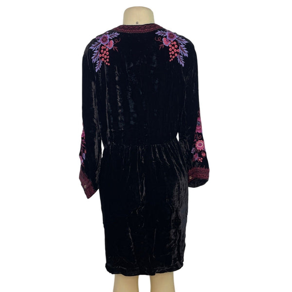 Johnny Was Black Velvet Dress With Pink & Purple Floral Embroidery Sz XXL - New