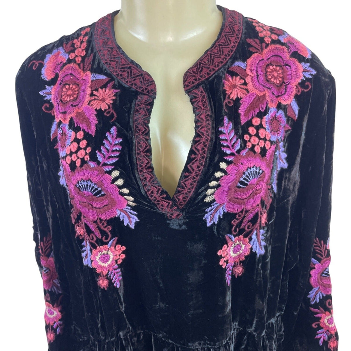 Johnny Was Black Velvet Dress With Pink & Purple Floral Embroidery Sz XXL - New