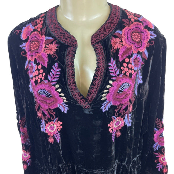 Johnny Was Black Velvet Dress With Pink & Purple Floral Embroidery Sz XXL - New