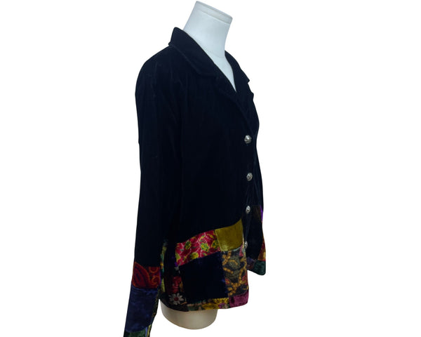Coldwater Creek Women's Black Velvet Button Up Jacket Patchwork Detailing Size P/L
