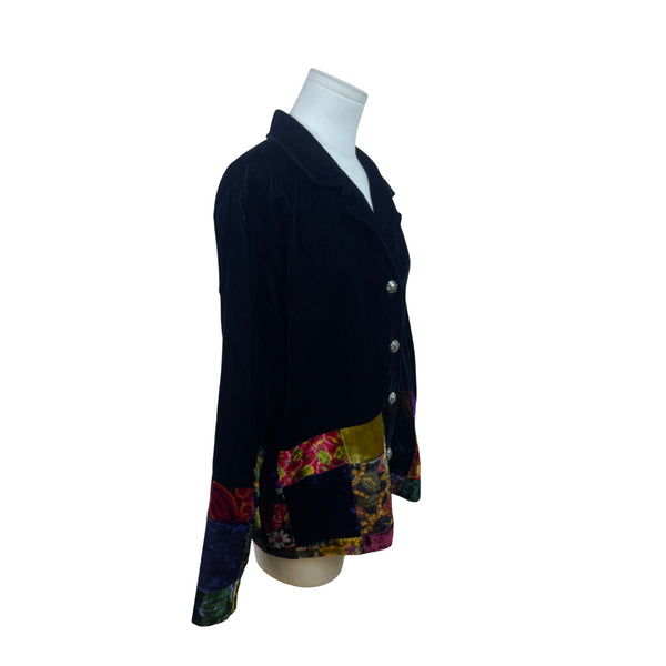Coldwater Creek Women's Black Velvet Button Up Jacket Patchwork Detailing Sz P/L