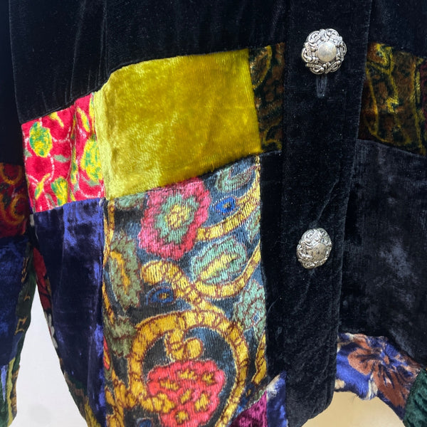 Coldwater Creek Women's Black Velvet Button Up Jacket Patchwork Detailing Sz P/L