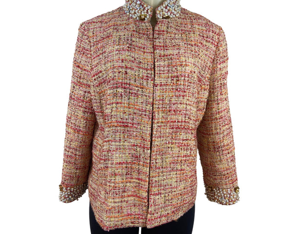 Chicos Women's Multicolor Jacket W/ Pearl & Rhinestone Embellished Collar Size 1