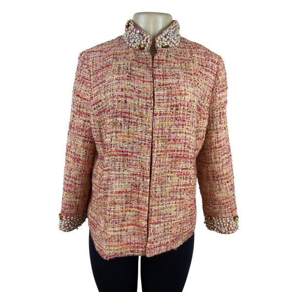 Chicos Womens Multicolor Jacket W/ Pearl & Rhinestone Embellished Collar Sz 1
