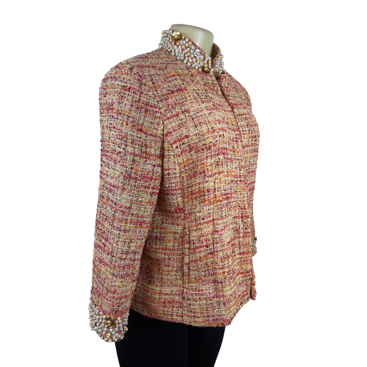 Chicos Womens Multicolor Jacket W/ Pearl & Rhinestone Embellished Collar Sz 1