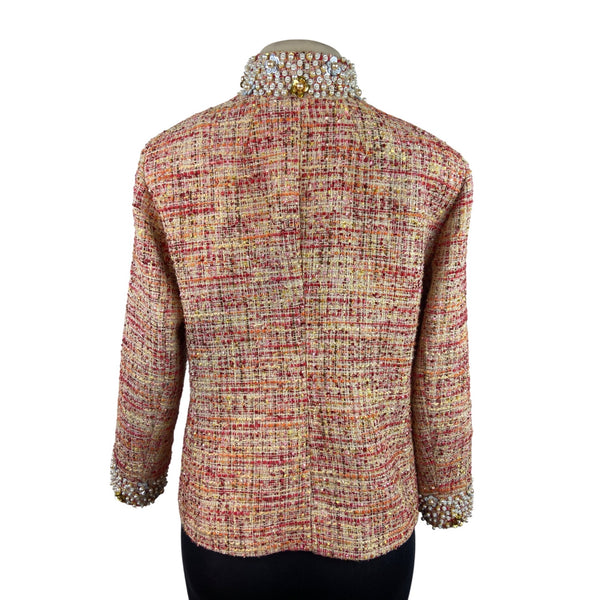 Chicos Womens Multicolor Jacket W/ Pearl & Rhinestone Embellished Collar Sz 1