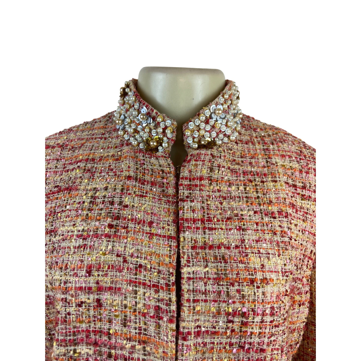 Chicos Womens Multicolor Jacket W/ Pearl & Rhinestone Embellished Collar Sz 1