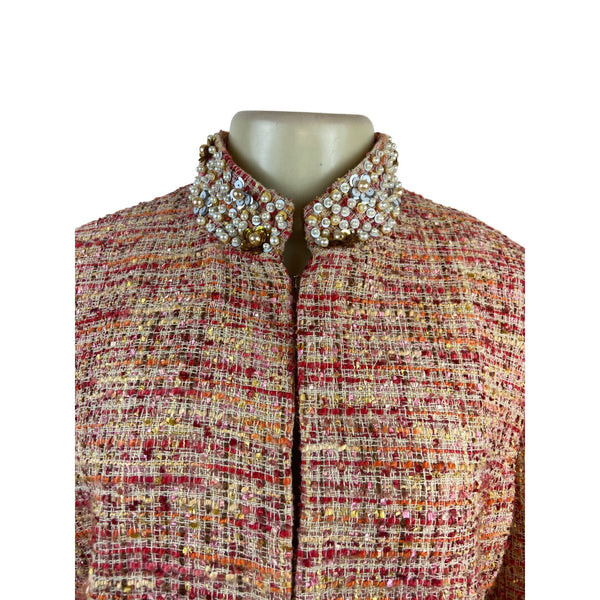 Chicos Womens Multicolor Jacket W/ Pearl & Rhinestone Embellished Collar Sz 1