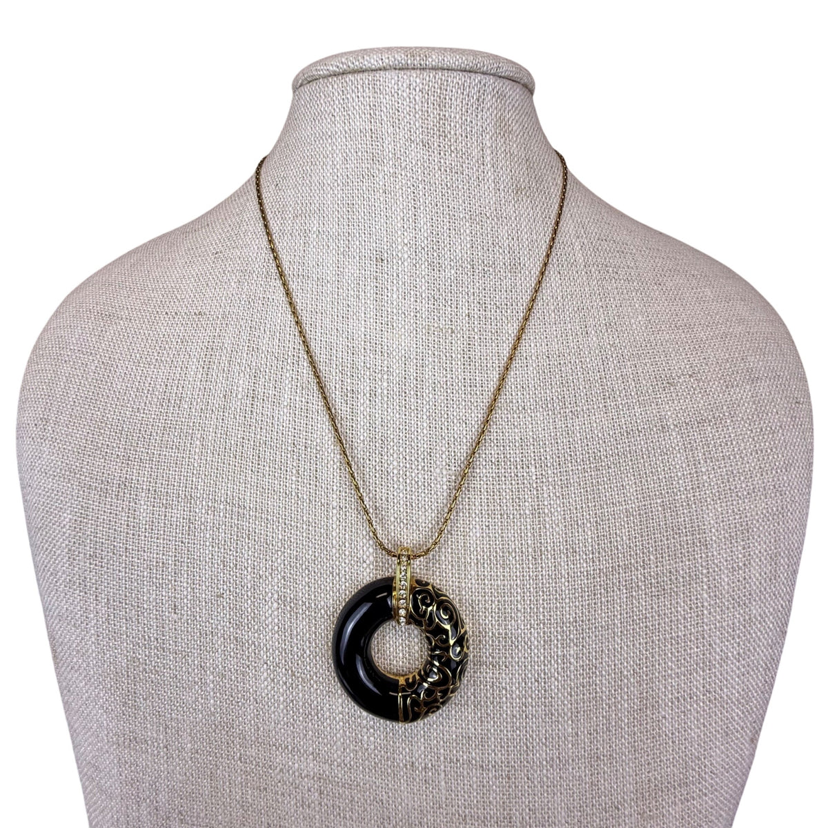 JBK Womens Gold Tone Donut Pendant Necklace With Black Enamel & Chain 18-22 Inch