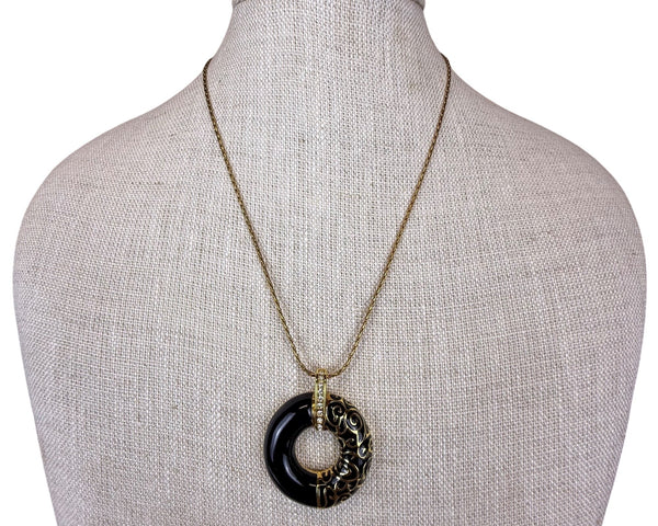 JBK Womens Gold Tone Donut Pendant Necklace With Black Enamel & Chain 18-22 Inch