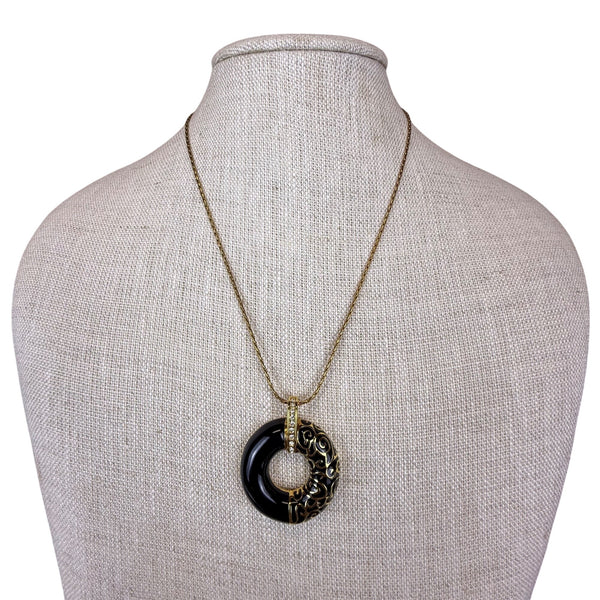 JBK Womens Gold Tone Donut Pendant Necklace With Black Enamel & Chain 18-22 Inch