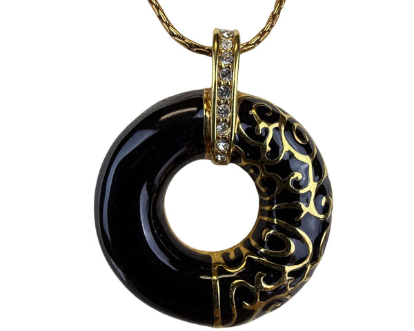 JBK Womens Gold Tone Donut Pendant Necklace With Black Enamel & Chain 18-22 Inch