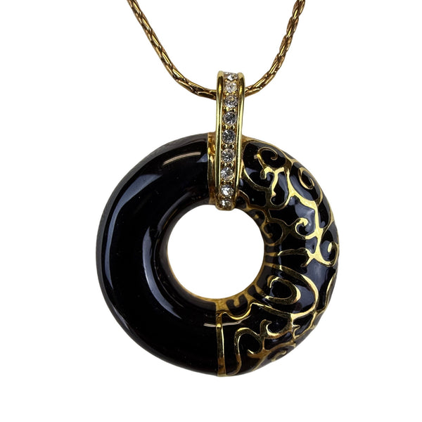 JBK Womens Gold Tone Donut Pendant Necklace With Black Enamel & Chain 18-22 Inch