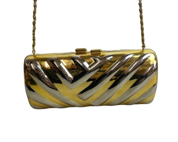 Vintage 80s Lisette Women's Silver And Gold Chain Strap Evening Clutch Sz M