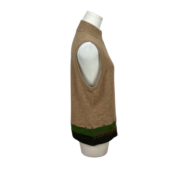 Woolrich Womens Green & Brown Sleeveless Lambswool Zip-Up Sheep Design Vest Sz M