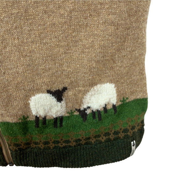 Woolrich Womens Green & Brown Sleeveless Lambswool Zip-Up Sheep Design Vest Sz M