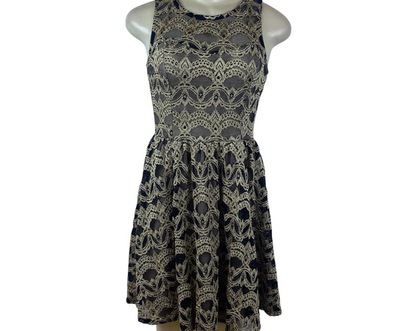 G1 Biu Womens Black & Gold Lace Sleeveless Fit & Flare Dress