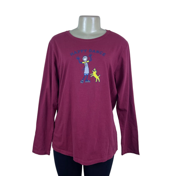 Life Is Good Women’s Burgundy Long Sleeve Happy Dance Graphic Shirt Size L - New