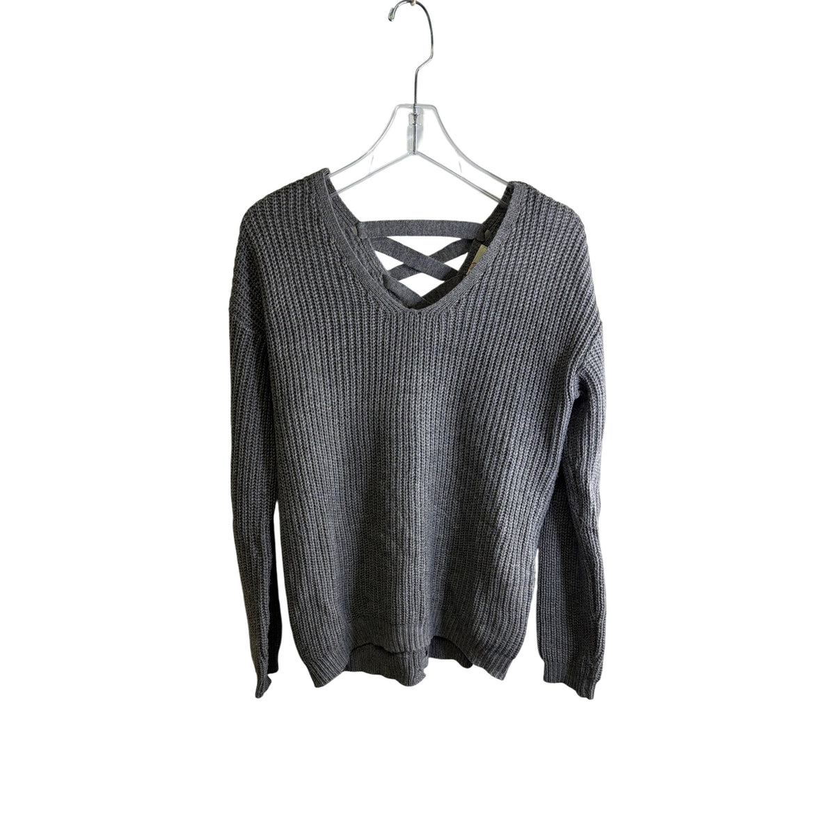 So Womens Gray Knit Sweater Crisscross Back Detail Long Sleeve Ribbed Medium