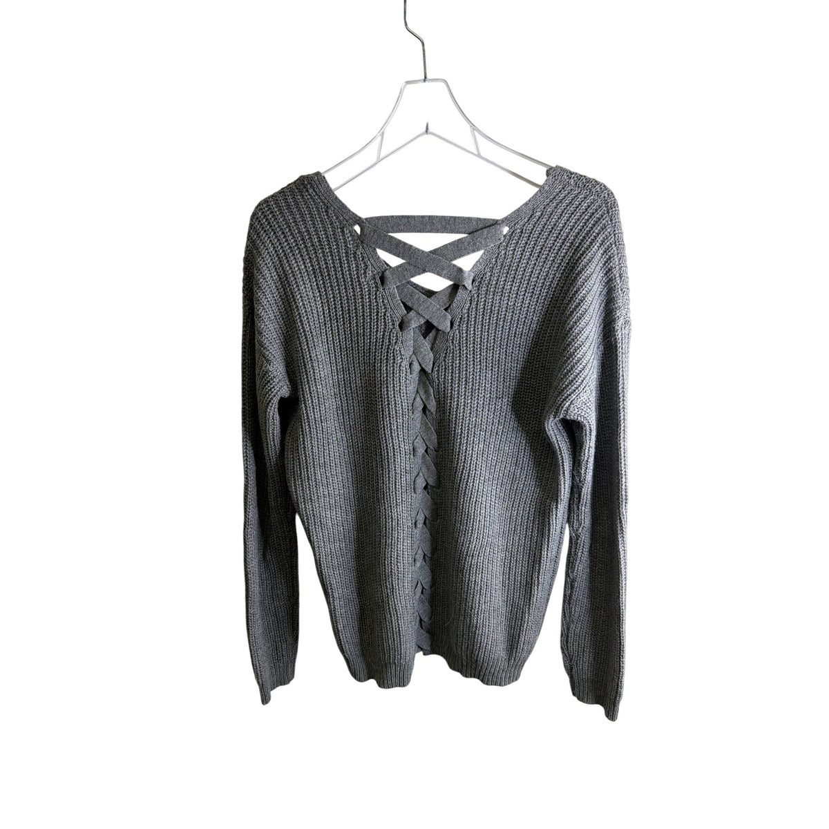 So Womens Gray Knit Sweater Crisscross Back Detail Long Sleeve Ribbed Medium