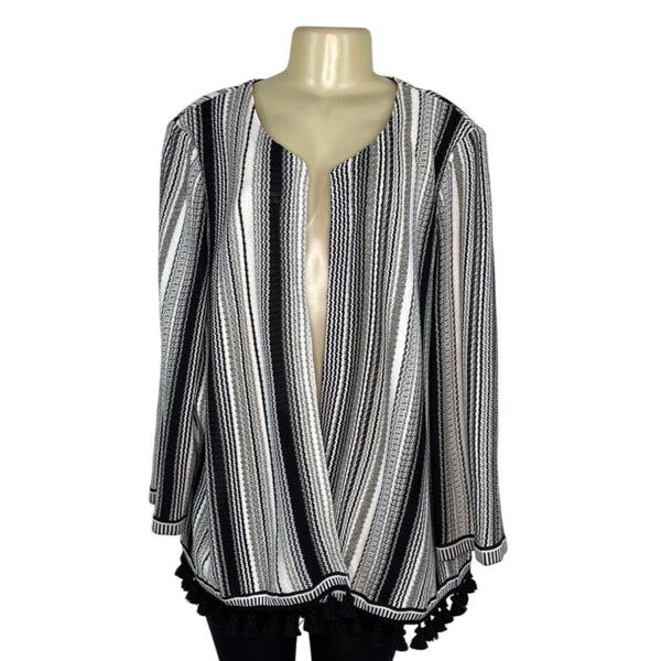 Misook Collection Black & White Striped Open Front Cardigan Tassel Trim Sz 2X