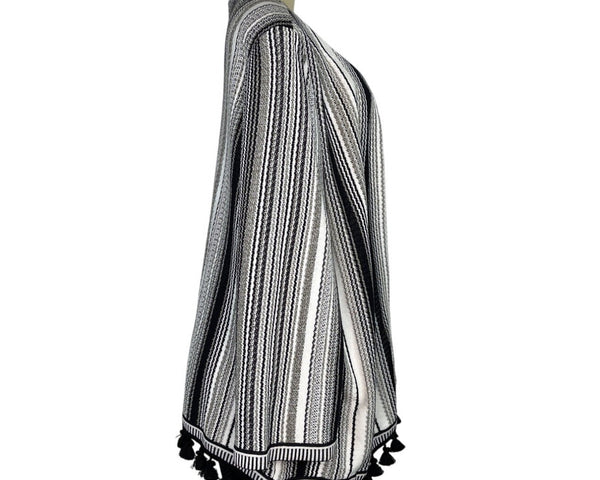 Misook Collection Black & White Striped Open Front Cardigan Tassel Trim Sz 2X