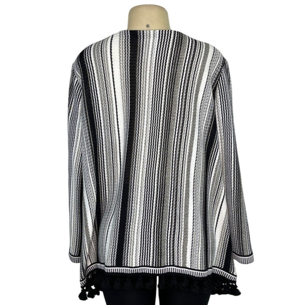Misook Collection Black & White Striped Open Front Cardigan Tassel Trim Sz 2X