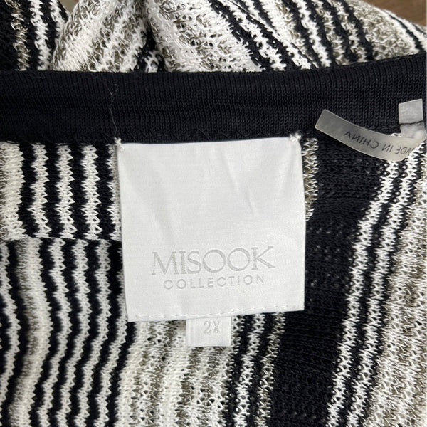 Misook Collection Black & White Striped Open Front Cardigan Tassel Trim Sz 2X