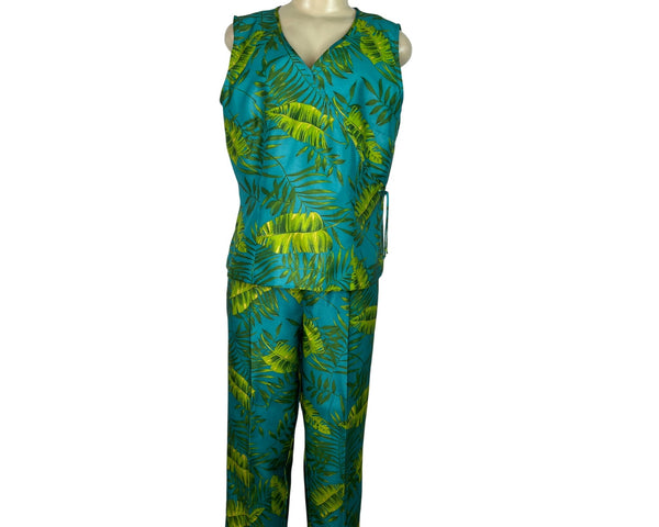Sag Harbor Womens Blue Tropical Set W/ Wrap Shirt & High-Waisted Pants Size 14