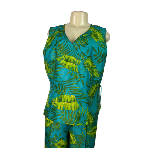 Sag Harbor Womens Blue Tropical Set W/ Wrap Shirt & High-Waisted Pants Size 14