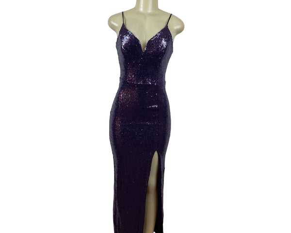 B.Smart Purple Sequin Spaghetti Strap Midi Dress With V-Neck & Side Slit Sz 9/10