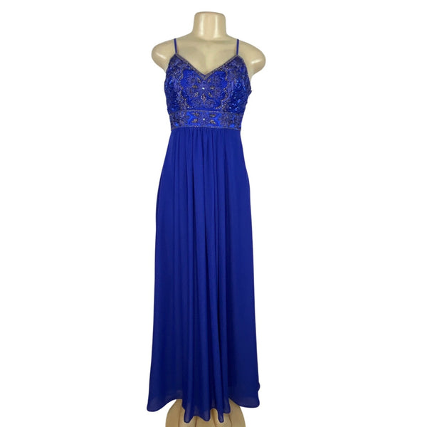Sue Wong Royal Blue Beaded Maxi Dress With Spaghetti Straps & V-Neckline Size 2